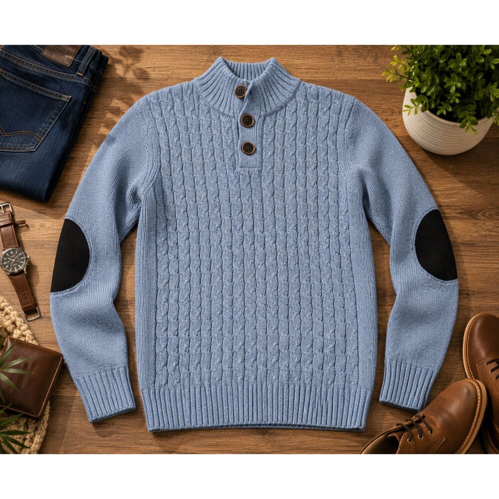 Kian D Mens Sweater Button Cable Knit Light Gray Size Large Long Sleeve (416)